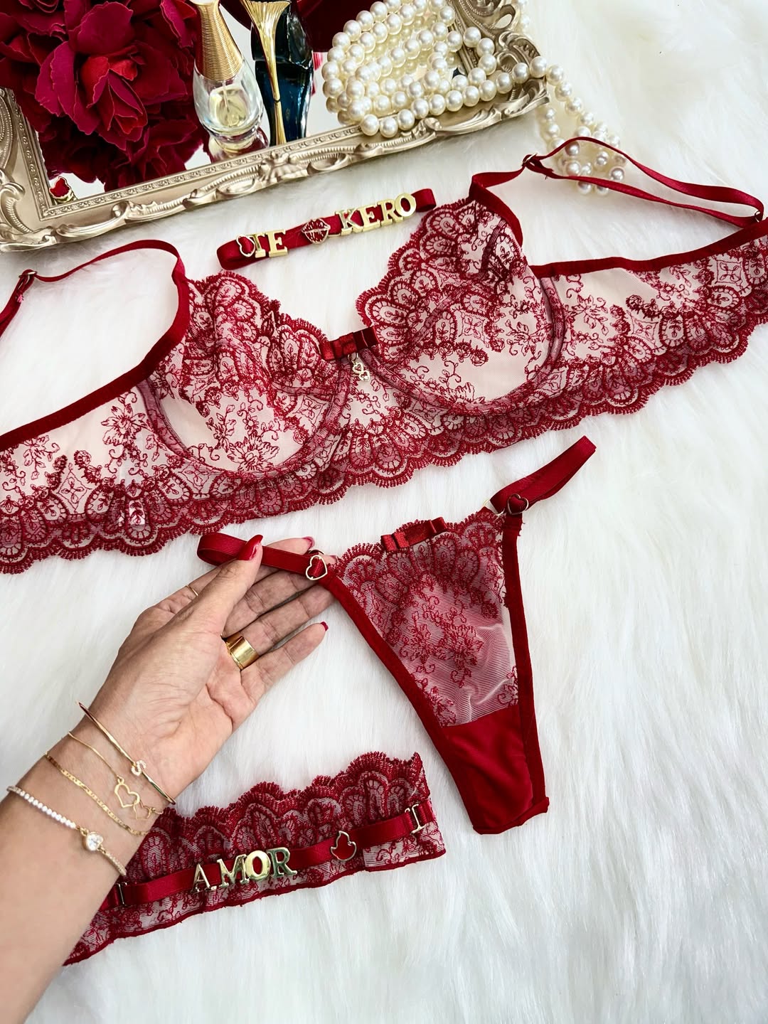 Conjunto Sedução c/ Gargantilha e Perneira Personalizável - Vermelho c/ Nude